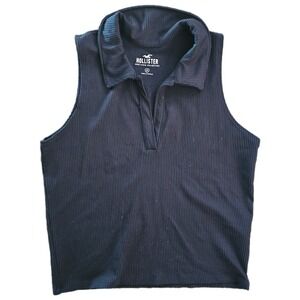 Hollister Ribbed Polo Tank Top Sleeveless Cropped Collared Casual Black Size M